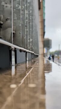 Slow motion rainwater dripping from above hitting a concert ledge and splashing back up into the air.