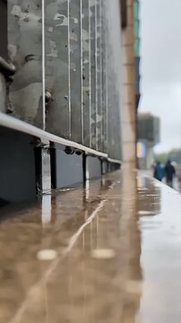 Slow motion rainwater dripping from above hitting a concert ledge and splashing back up into the air.
