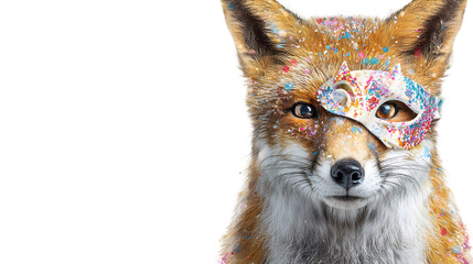 Close up portrait of a fox wearing a colorful masquerade mask isolated on transparent background
