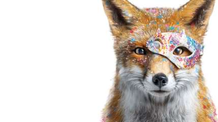 Close up portrait of a fox wearing a colorful masquerade mask isolated on transparent background