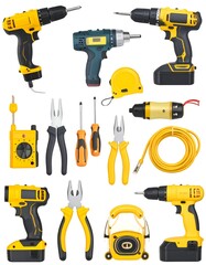 Variety of hand tools on white background