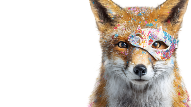 Close up portrait of a fox wearing a colorful masquerade mask isolated on transparent background