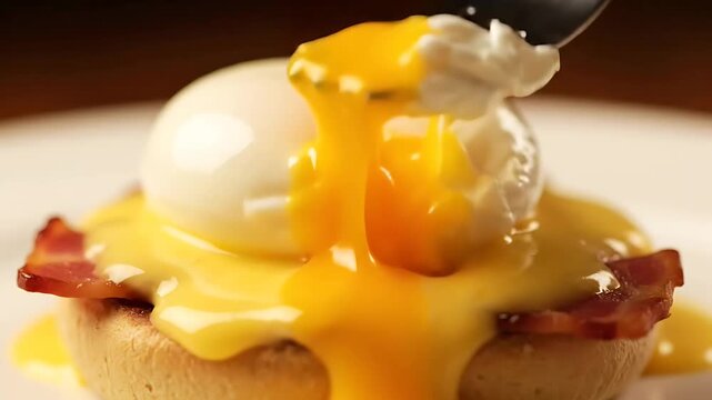 Fork Cutting into Poached Egg on Eggs Benedict