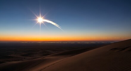 A shooting star streaks across the sky over the desert at sunset, casting a warm glow on the sand dunes and distant city lights below