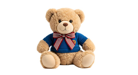 Soft, cuddly teddy bear wearing a blue sweater and striped bow, perfect for childhood memories and gifts