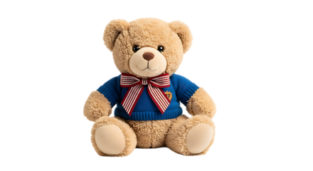 Soft, cuddly teddy bear wearing a blue sweater and striped bow, perfect for childhood memories and gifts