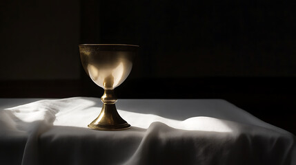Golden Chalice: A ceremonial cup, shining in soft light. It rests on a pristine white cloth, a symbol of reverence and tradition.