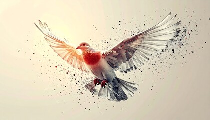 A dove in flight, digitally enhanced with particle effects