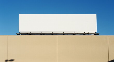 Obraz premium Blank billboard on building facade against clear blue sky offering vast copy space for advertising