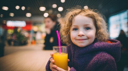 Adorable Girl with Juice in a Cafe