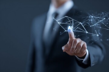 Business professional demonstrating artificial intelligence concept with digital network connections in a modern office environment