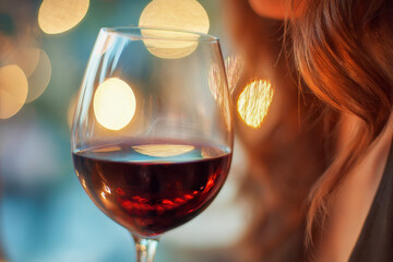 Woman enjoying a glass of red wine with warm bokeh lights creating a cozy and intimate evening ambiance in a relaxed setting