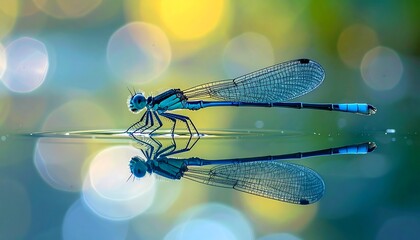 A dragonfly rests on a placid water surface, its vibrant blue body reflected perfectly