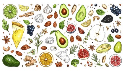 Colorful assortment of fresh fruits, vegetables, nuts, and herbs