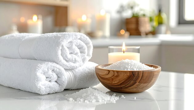 Spa towels and bath salts on marble