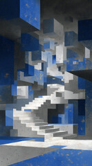Neural network, staircase, geometric illustration, blue
