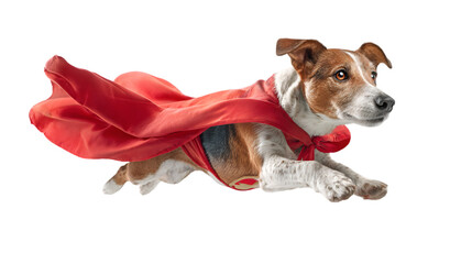 Jack russell terrier dog wearing a red cape flying isolated on transparent background