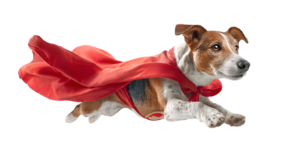 Jack russell terrier dog wearing a red cape flying isolated on transparent background