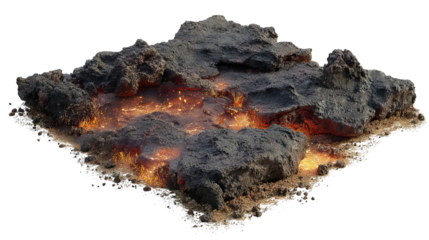 PNG of A dramatic volcanic landscape featuring glowing lava and dark, textured rocks, evoking a powerful natural force.