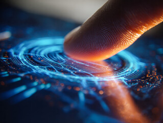 Human finger touching and activating a futuristic digital interface with glowing blue circuits and holographic elements in a high-tech environment