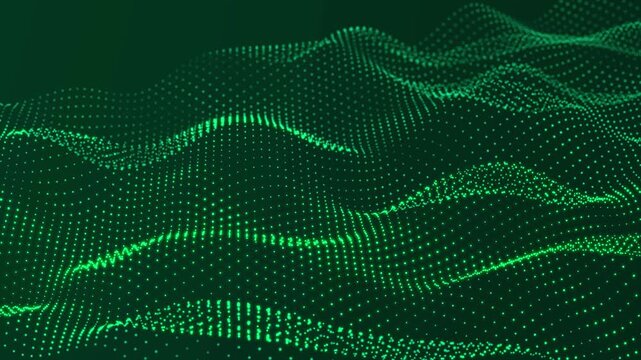 Dynamic wave of glowing particles. Digital technology background. 3d rendering. Seamless loop. 4k