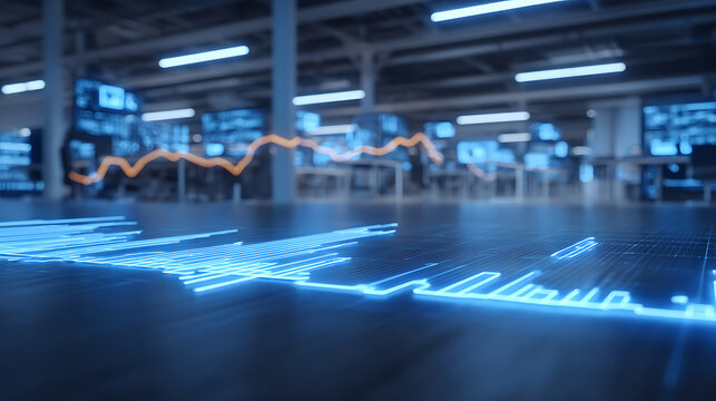 Digital data visualization in a futuristic industrial facility with glowing blue graphs and ambient lighting