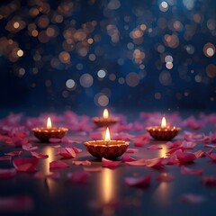 Beautiful Diwali Diya Decoration with Rose Petals and Bokeh Lights