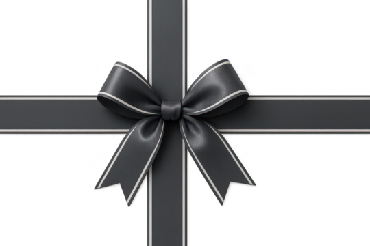 Elegant black ribbon bow with silver trim isolated on transparent background