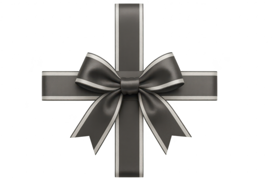 Elegant gray bow with silver trim isolated on a transparent background, gift