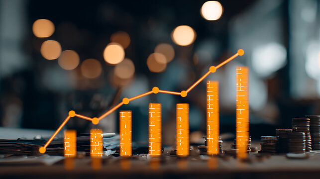 Orange bar graph and line chart showing growth trend on desk with coins and blurred background - Powered by Adobe