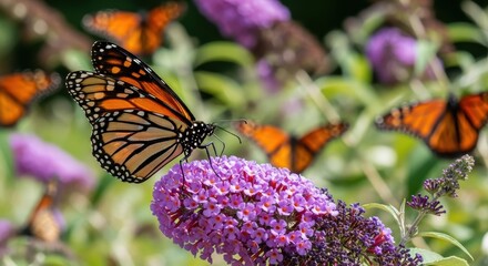 Obraz premium Monarch Butterflies Gathering on a Cluster of Purple Flowers in a Garden