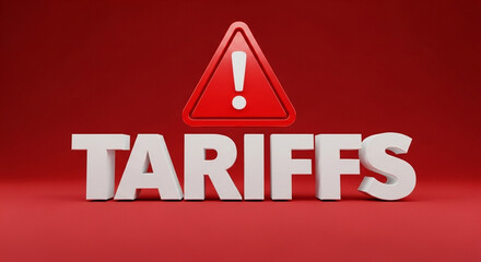 The word tariffs in white block letters with a red warning sign on a red background image view