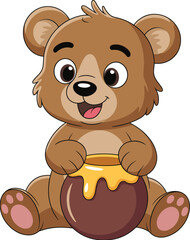 Cute happy bear character holding a pot of dripping honey, a sweet cartoon illustration for kids, a flat vector illustration
