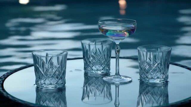 Crystal drink glasses near the pool offer refreshing drinks in elegant glasses. Refreshing beverage poolside, cool blue reflection.