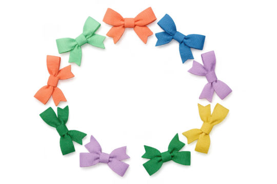 Colorful ribbon bows arranged in a circle on transparent background, isolated