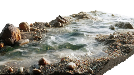 PNG of A serene water stream flowing over pebbles and shells, creating a tranquil and natural atmosphere.