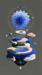 Neural network, geometric digital network, overlapping, black background, blue, neural brain, networking through ai, conceptual artwork
