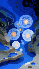Neural network, geometric digital network, overlapping, black background, blue, neural brain, networking through ai, conceptual artwork
