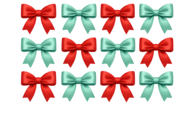 Red and turquoise bows, isolated on transparent background, celebratory mood