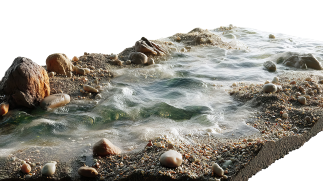 PNG of A serene water stream flowing over pebbles and shells, creating a tranquil and natural atmosphere.