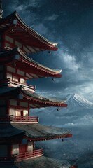 Fototapeta premium A multi-storied pagoda, crafted with intricate details, stands against a backdrop of a star-dusted night sky and a majestic mountain range.