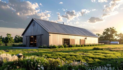Rustic barn on a grassy field at sunset