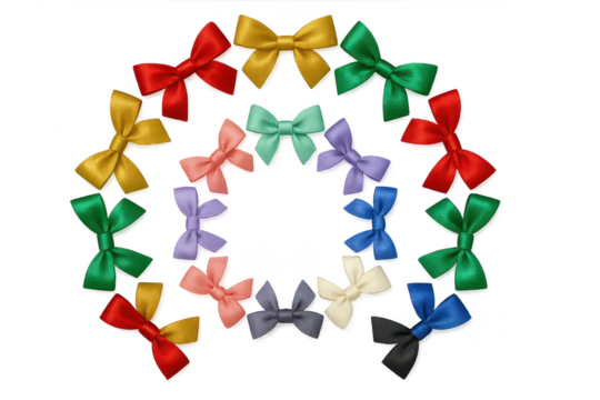 Collection of colorful satin bows arranged in a circle on transparent background.