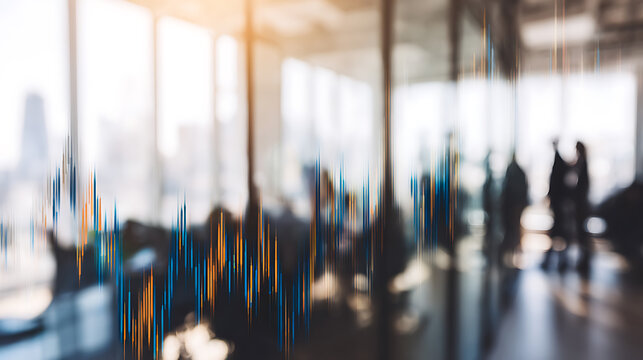 Blurred office interior with financial chart overlay showing market data trends