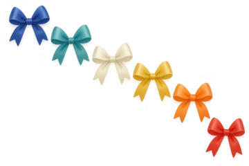 Row of colorful silk bows isolated on transparent background, holiday theme