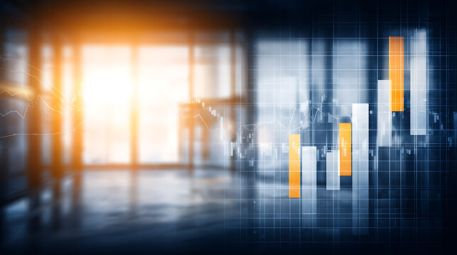 Digital financial chart overlay on modern office interior with sunlight streaming through windows
