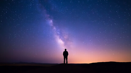 Fototapeta premium Contemplation under the cosmos: A solitary figure gazes up at the vast, starry Milky Way in a serene night scene, evoking wonder and the vastness of the universe.