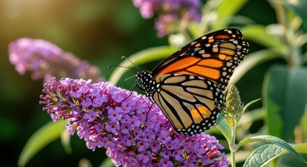 Obraz premium Monarch Butterfly Resting on a Purple Flower in the Garden