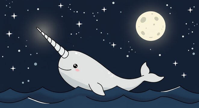 Cute narwhal in night sky