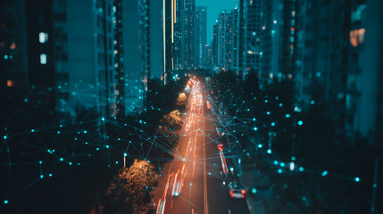 Nighttime cityscape with illuminated road and digital network overlay